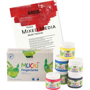 MUCKI Fingerpaint set with 6 colors of fingerpaint and 10 sheets of A3 size painting paper